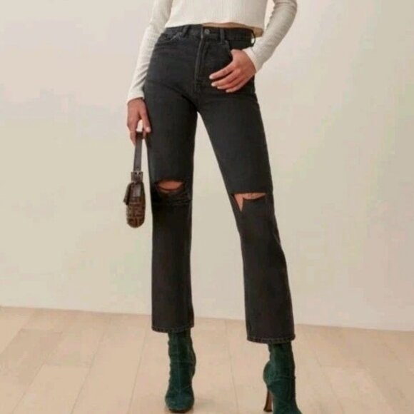 NWT Reformation Cynthia High Rise Straight Jeans Lagoon Destroyed Black Size 26 - Picture 1 of 7